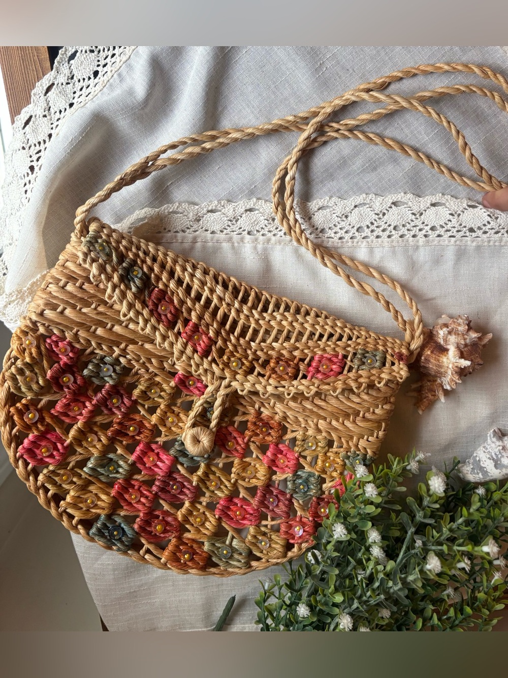 Hand Woven Raffia Fiber Crossbody Bag Multicolor Boho Purse Intricate Detail